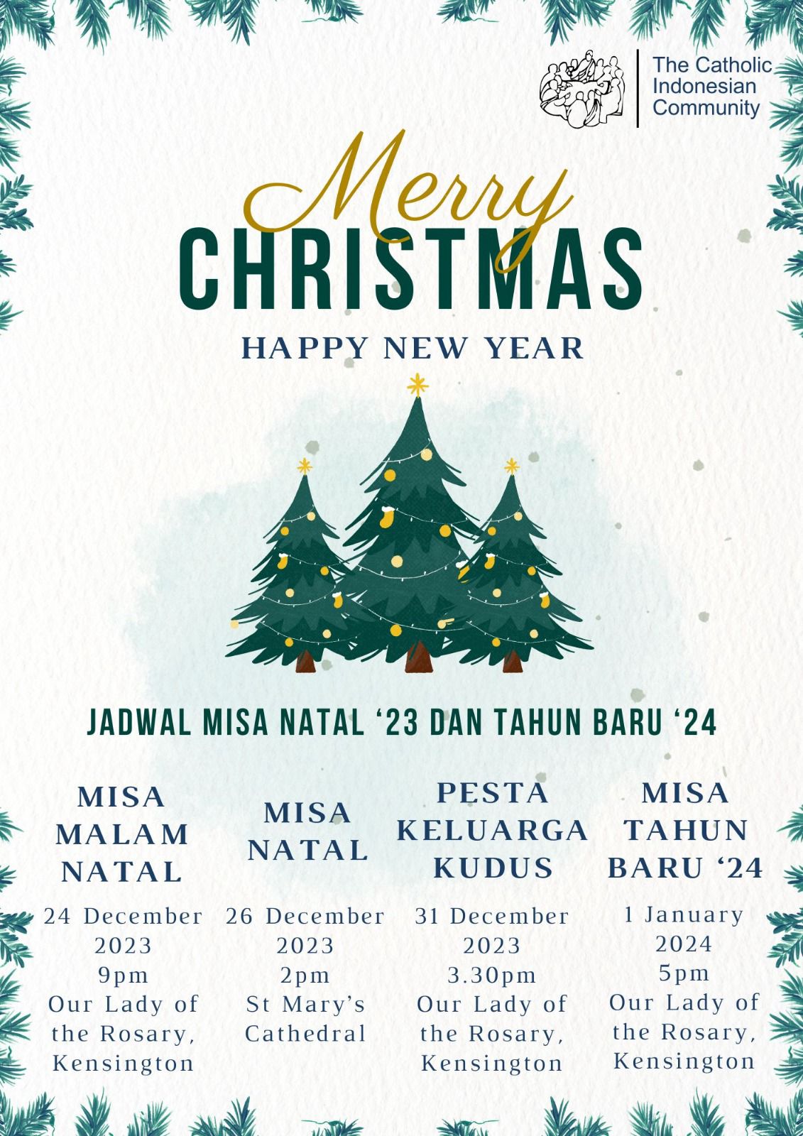 Jadwal Misa Natal CIC 2023 dan Tahun Baru 2024